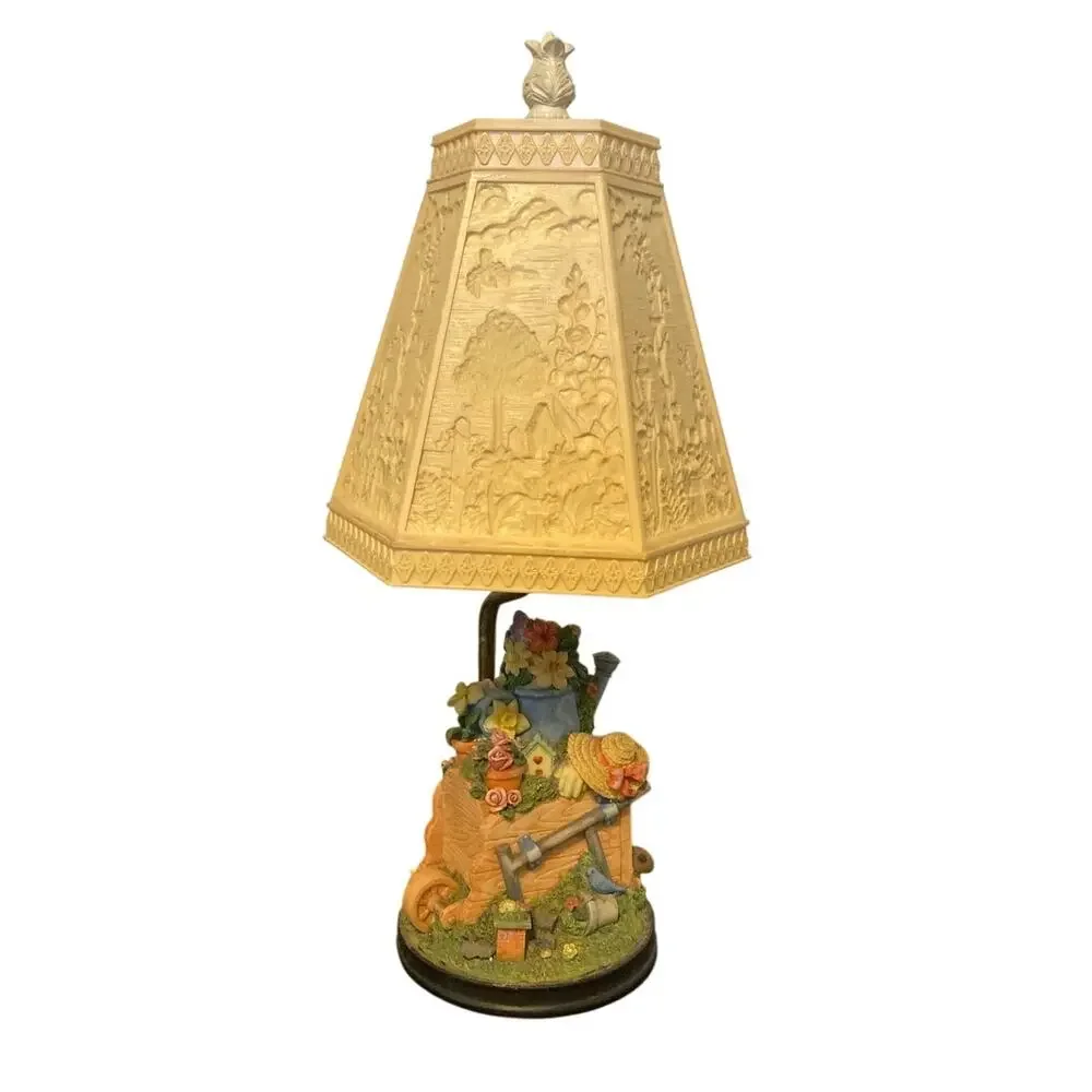 VTG Lamp Etched Molded Plastic/ Celluloid Shade - Garden Scene Base-Works